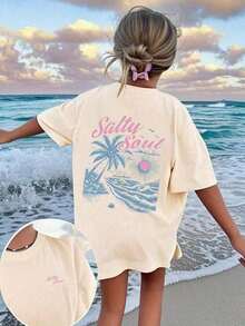 Set 2026 New Arrival Women's High Quality Salty Soul Graphic T-Shirt, Premium Cotton Vintage Washed Oversized Tee With Palm Tree & Beach Print, Casual Short Sleeve Top Perfect For Spring & Autumn, Spring Break, Back To School And Seaside Vacation Getaways Pure Cotton Short Sleeve Shirt - 黑色 - 查看 10