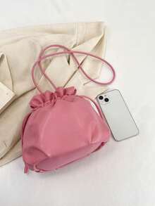 Cute Pink Ruched Drawstring Bucket Bag, Soft Cloud-Like Texture Mini Drawstring Pouch, Versatile Casual & Date Daily Wear Shoulder/Crossbody Bag For Girls - Pink - View 6