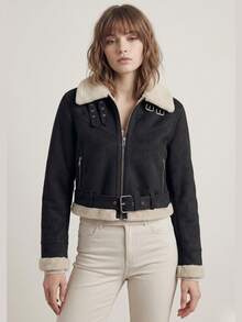 Women's Suede Jacket, Winter Jacket With Belt, Fashionable, Versatile, Elegant, Cold Weather - màu đen - Xem 2