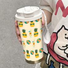 1/5 Pcs 500ml Stainless Steel Insulated Coffee Tumbler, Summer Pineapple Beach Theme. Featuring Cool Pineapple And Tropical Prints, Keeps Drinks Hot Or Cold, Easy To Carry With A Lanyard, Perfect For Commuting, Travel Or Daily Use. Made Of Stainless Steel, It Maintains Your Drink's Temperature For Hours. A Stylish Personal Item Or Thoughtful Gift, Ideal For Summer Vacation Lovers. - Multicolor -  Pineapple - View 6