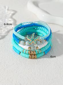 Set de 5 piezas de pulsera con colgante de estrella de mar bohemio, cuentas de arcilla polimérica y perlas falsas, ajustable, adecuado para uso diario, playa, vacaciones, joyería de verano como regalo para mujeres - Celeste - Ver 2
