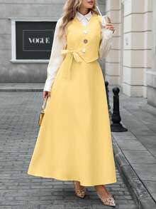 女士纯色扭结设计单排扣西装外套、马甲和半裙两件套，适合毕业典礼、办公室穿着和休闲度假。 - 黃色 - 查看 6