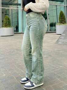 Women's Vintage-Style Wide-Leg Straight-Leg Jeans, Casual For Spring - 淺色水洗 3 - 查看 10
