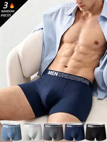 3pcs/Set Random Men's Boxer Briefs, Letter Waistband Solid Color, Soft Elastic Comfortable Underwear, Daily & Home Wear, Men's Gift - Multicolor - View 2