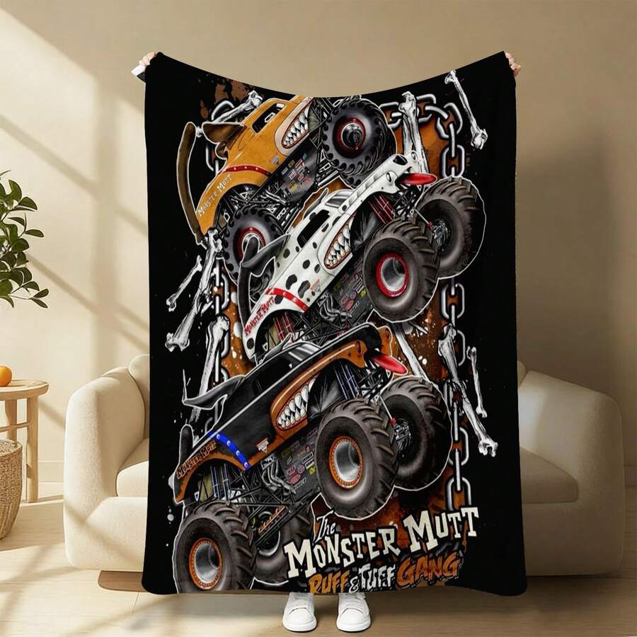1PC Monster Jam Monster Truck Racing Flannel Throw Blanket 50"X60" (Multiple Sizes) - Green Truck Flying In Dust, Action Shot, Tapestry Wall Hanging, Monster Truck Fan Gift, Room Decor, Perfect For Sofa, Bed, Office -280gsm - nhiều màu 19 - Xem 1