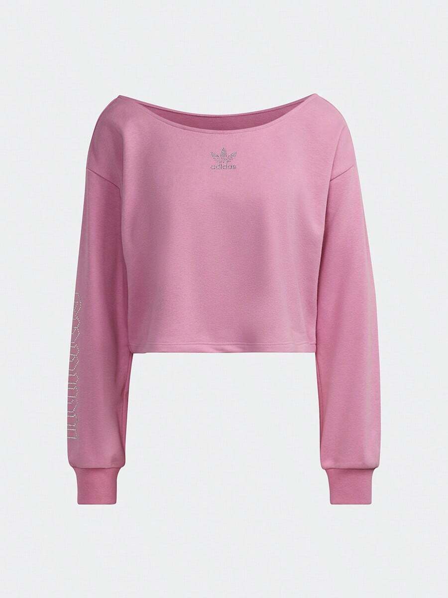 Adidas Oversized Loose Short Sweatshirt, Fashion Casual Off-Shoulder Sweatshirt, Versatile Women's Loose Version Long Sleeve Pullover Sweatshirt HF6775 - Pink - View 1