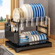1 pieza Escurridor de platos de gran capacidad con tabla de escurrido, organizador de cocina multifuncional, estante de almacenamiento de metal y plástico con soporte para utensilios y ganchos para tazas - Multicolor - Ver 6