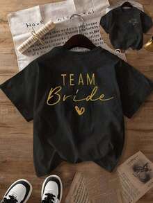 Women's Short-Sleeved T-Shirt With Bridal-Themed Decorative Patterns And The Slogan "" In Cursive Lettering, Round Neck, Short Sleeve, Casual Style For Spring/Autumn/Summer, Back-To-School Outfits For Women, Women's Tops, Summer Outfits, Women's Holiday Outfits, Women's Spring Outfits, Tops, Women's Club Outfits, Black Color, 100% Cotton. - 黑色 - 查看 6