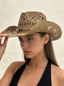1pc Bohemian Solid Color Beaded Hollow Panama Straw Hat, Casual UV Protection Decorative Sun Hat, Fashion Versatile, Suitable For Outdoor Activities, All Seasons - Panama Straw Hat - View 19