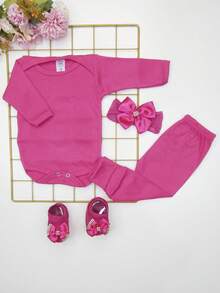 4 Piece Set Long Sleeve Bodysuit With Booties, Hairband And Ribbed Knit Pants / Baby Girl Set With Booties And Hair Bow Pink - 玫紅色 - 查看 9