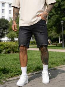 American Retro Distressed Frayed Denim Shorts, Men's Loose Straight LegBermuda Shorts - Black - View 7