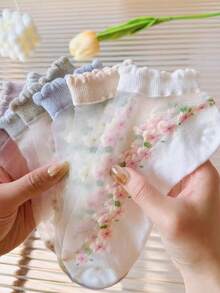 4/7 双装女士休闲碎花透明玻璃纤维短袜，日常穿着，随机发货 - 彩色 - 查看 13
