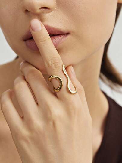 1-delige asymmetrische golvende gebogen en verstelbare
open ring gemaakt van roestvrij staal voor dames, dagelijks/feestkleding