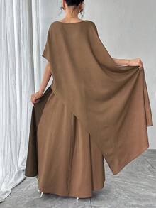 Autumn/Winter New Women's Round Neck Batwing Sleeve Asymmetric Dress Elastic Waist Skirt Colorblock 2-Piece Set, Purple Elegant Luxury Party Gathering Cocktail Dress Long Skirt, Fashion Loose Women's Outfit - Coffee Brown - View 2