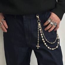 精致奢华十字架吊坠仿珍珠钥匙扣腰带链男女朋克裤牛仔裤链嘻哈饰品 - 彩色 - 查看 4
