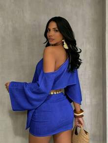 Boho 2 Piece Outfits Textured Off Shoulder Batwing Sleeve Top & Tie Side Ruched Mini Skirt Set, Sexy Solid Seaside Vacation 2 Piece Outfits Tropicoqueta Outfitstrajes Trajes Elegantes De Mujer Summer Beach Resort Wear - Màu xanh lam - Xem 2