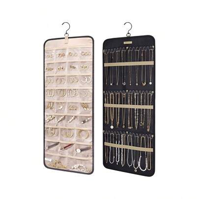 Hanging Jewelry Organizer Storage Roll With Hanger Metal Hooks Double-Sided Jewelry Holder For Earrings, Necklaces, Rings On Closet, Wall, Door, 1 Piece, Large, Black