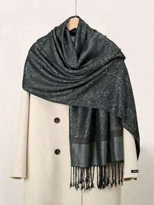 Flower Printed Boho Style Paisley Jacquard Warm Pashmina Scarf For Women, Autumn/Winter Vintage Fringe Lady Hijab Shawl, Suitable For Daily Wear All Season, Polyester Scarf For Dress GMWD FP53 - 黑色 - 查看 2
