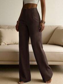Pantalones rectos de pierna ancha de unicolor para mujer, pantalones casuales de pierna recta, versátiles para diversas ocasiones y para ir al trabajo, color blanco primaveral - Marrón - Ver 3