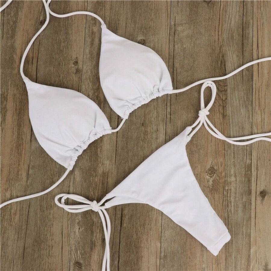 Halter Neck Solid Color Three-Piece Bikini Sexy Swimsuit For Women, Adjustable Strap, Available In Multiple Colors - White (with Breast Pads) - View 1