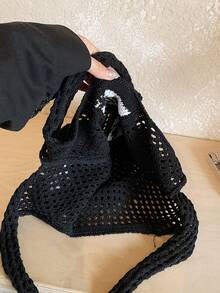 女士夏季沙滩手提包 - 钩编海龟图案设计，大容量敞口手提包，米色涤纶材质，适合休闲外出和海滩度假，沙滩手提包，旅行配件，波西米亚风格，编织纹理，宽敞的手提包，度假必备，也适合工作和上学，女士波西米亚风格服装 - 黑色 - 查看 9