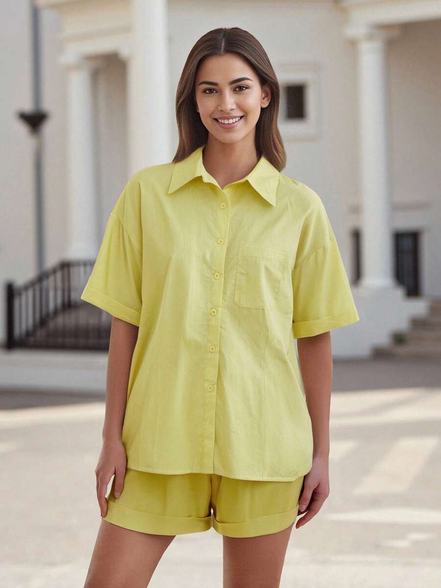 Female Suit Set, Summer Solid Color Turn-Down Collar Long Sleeve Shirt+ Short Pants for Ladies, Green/Orange/Yellow - Amarillo - Ver 1