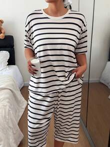 2pcs/Set Plus Size Women Cute Striped Short Sleeve T-Shirt And 3/4 Pants Pajama Set, Knit Fabric For Spring, Summer, Autumn, Slightly Elastic, Comfortable Loungewear - Beige - View 4