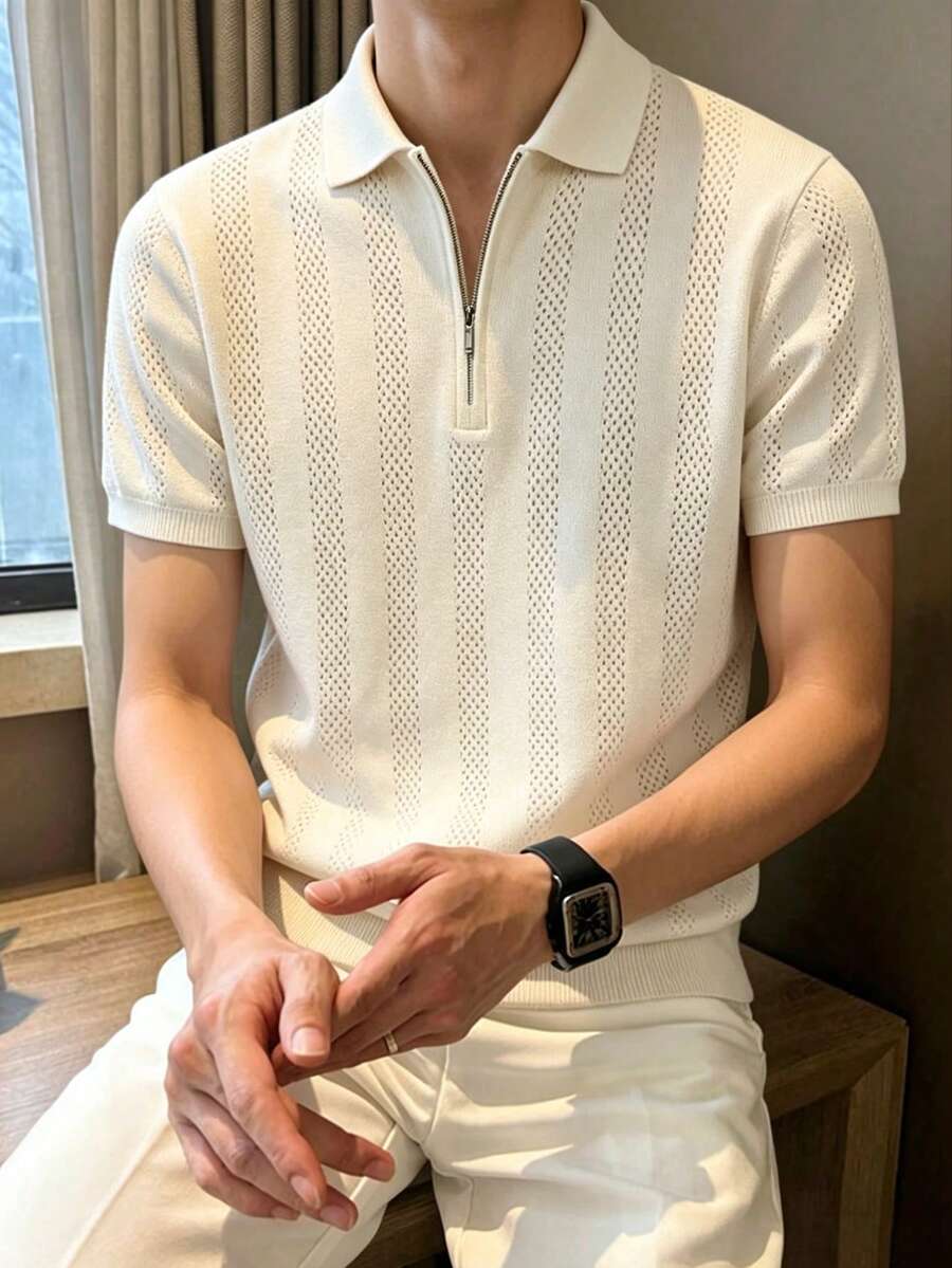 男士四分之一拉链针织衫，休闲通勤街头风，百搭修身户外简约春秋季polo衫针织衫短袖 - 杏色 - 查看 1