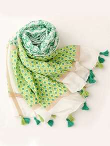 佩斯利花纹简约优雅丝巾，时尚女士真丝围巾，色彩鲜艳的印花大披肩，波西米亚风沙滩披肩，亚麻质感女士披肩，春夏款 - 彩色 - 查看 2