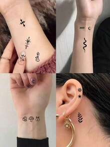 Mini Dark Style Finger Tattoo Stickers, Containing Hundreds Of Exquisite And Clear Patterns Such As Stars, Moons, Flowers, Constellations, Hearts, And Lines To Meet Different Matching Needs And Create Unique Personalities. Waterproof And Long-Lasting Small Patterns Suitable For Fingers, Behind Ears, And Wrists. Adhere To Skin, Last 3-7 Days - Black - View 2