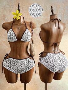 SHEIN Swim 白色蕾丝面料，侧系带设计，优雅性感女士泳装套装 - 彩色 - 查看 1
