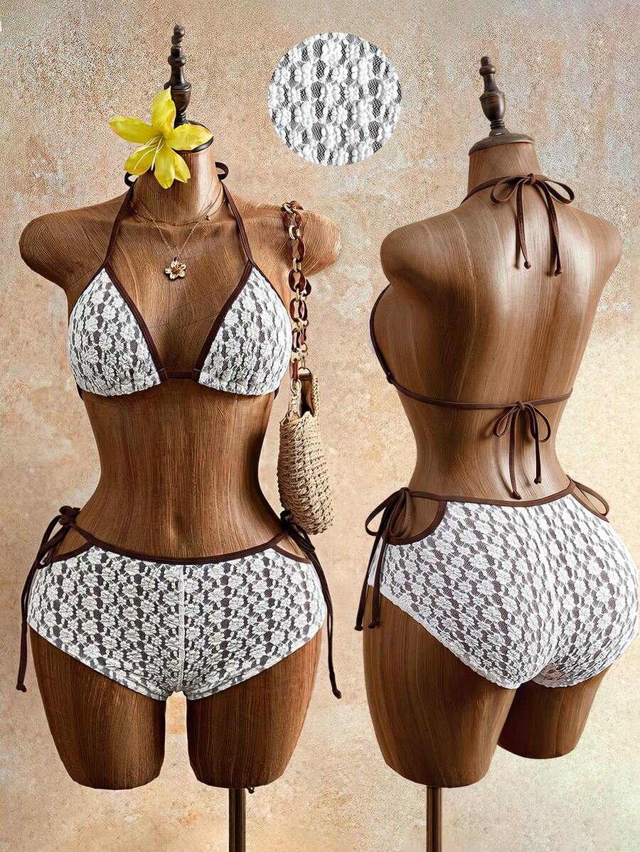 SHEIN Swim 白色蕾丝面料,侧系带设计,优雅性感女士泳装套装 - 彩色 - 查看 1