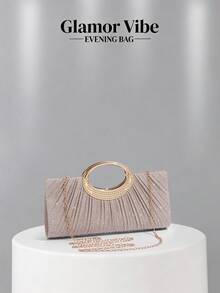 Bolso de mano de noche brillante para mujer, tela brillante con decoración metálica, correa de cadena metálica, adecuado para bodas, banquetes, fiestas, bailes, regalos de vacaciones, combinación de vestidos, regalos del Día de San Valentín, regalos de cumpleaños - Champán - Ver 6