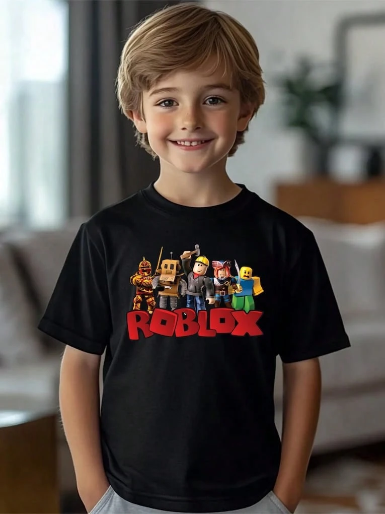 Cartoon Anime Game Robloxs-Shirt Kids Size 140 Mommy And Daughter Matching Outfit Breathable Streetwear Style T-Shirt, Loose Short Sleeves, Crew Neck, A Casual Shirt Suitable For All Seasons, Perfect For Fitness And Leisure Occasions (Machine Washable). - 黑色7 - 查看 1