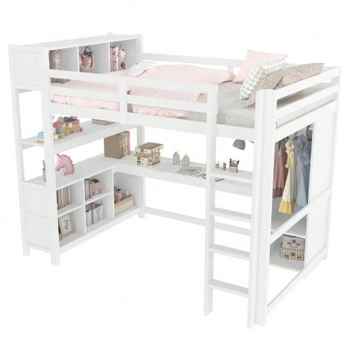 Loft Bed, 140 X 200 Cm, Shelves, Ample Storage, Desk, Wardrobe, Mattress Not Included, White - White - View 1