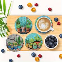 8pcs Cactus Diamond Painting Coaster Set, Round Shiny Diamonds, Full Tool Kit, DIY Handcraft For Stress Relief, Great Gift For Spring Festival, Christmas, Teacher's Day, Practical Housewarming Gift For Family And Friends - Multicolor - View 3