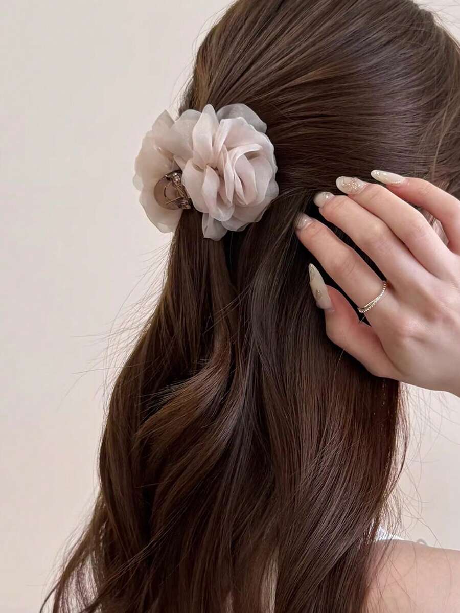 1pc 6cm/2.36in Small Solid Color Mesh Flower Hair Clip, Suitable For Daily Wear, Party And Wedding Occasions Summer Hair Accessories Beach Claw Clips Vacay Hair Claw Elegant Hair Clutch - Multicolor - View 1