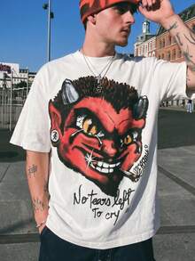 Camiseta oversize con impresión frontal y trasera "Rebel Soul Devil" de Fractyr, de tacto suave, lavado vintage y estilo callejero casual - Blanco - Ver 3