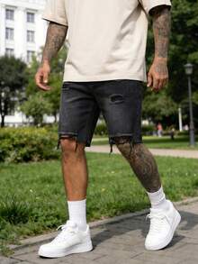 American Retro Distressed Frayed Denim Shorts, Men's Loose Straight LegBermuda Shorts - Black - View 6