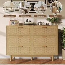 MISNODE Cassettiera/credenza in legno e rattan, cassettiera in stile boho con 6 cassetti, cassettiere e credenze per sala da pranzo, soggiorno e camera da letto, mobili in rattan, 115L x 40P x 80A cm, colore rovere - Colore rovere (6 cassetti) - Visualizzare 7