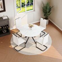 Dining Room Set With Round Marble Dining Table & Dining Chairs, Modern Kitchen Set Made Of Faux Leather & Cantilever Metal Frame For Dining Room & Kitchen - White - View 11