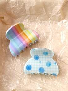 2pcs Cute Plaid Polka Dot & Rainbow Stripe Hair Claw Clips, Sweet Acrylic Jaw Clips For Girls, Casual Daily Summer Beach Hair Accessories Beach Hair Clips Vacay Hair Clutch - Multicolor - View 3