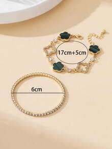 1 Set Luxury Rhinestone Hollow Clover & Green Leaf Charm Bracelets, Women Elastic Bracelet Set For Stacking - Green - View 7