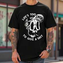 Casual black graphic tee with skull print and Life's Too Short slogan, 100% cotton streetwear. - Negro - Ver 2