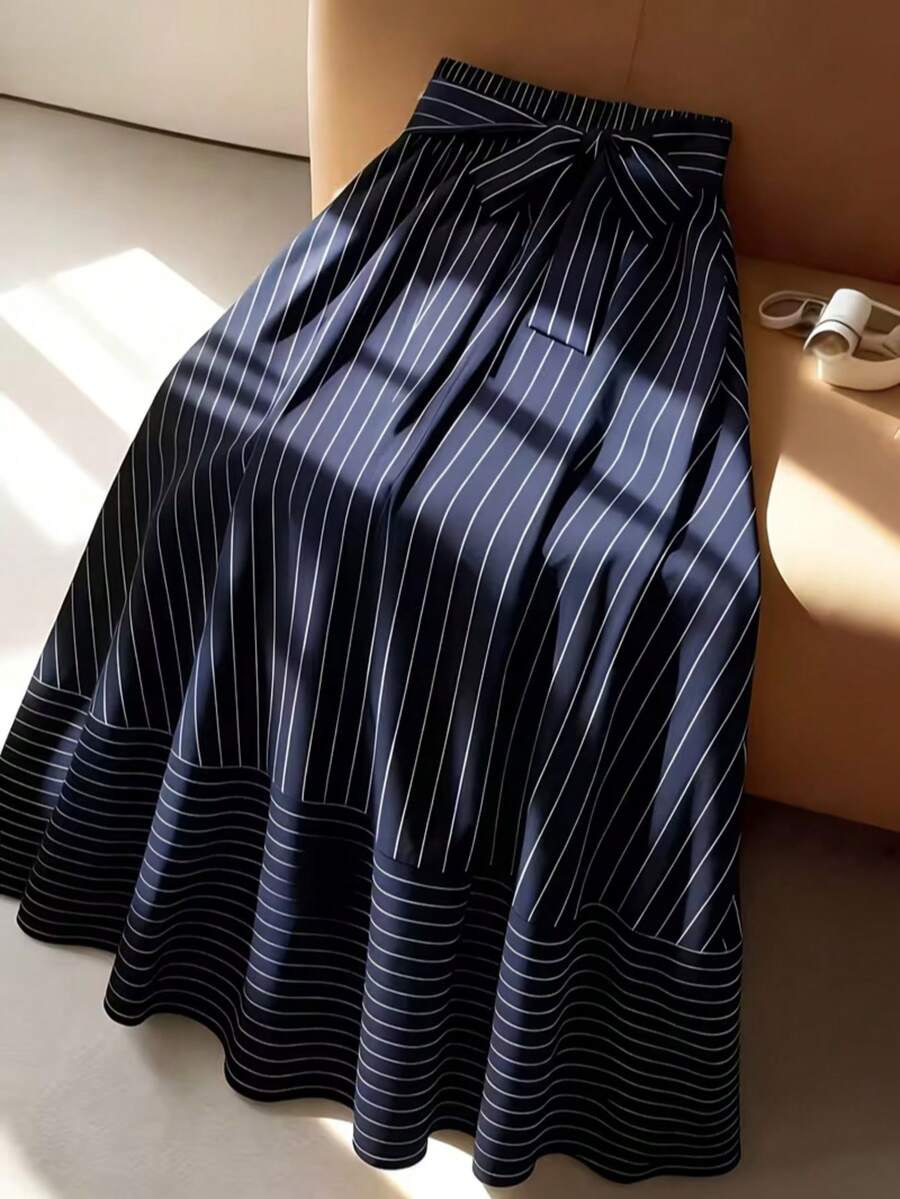 女士高腰条纹蝴蝶结优雅半身裙,适合度假、派对、生日、婚礼宾客、复活节、狂欢节、圣诞节、节日、休闲穿着、通勤、社交聚会等场合。 - 寶藍色 - 查看 1