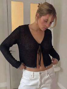 女士系带短款开衫，波西米亚风长袖V领针织毛衣，适合春季日常穿着 - 黑色 - 查看 4