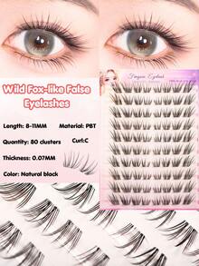 80pcs Glue-Free Fox Eye Cluster Lashes, Korean & Japanese Style - Elongated Lash At Outer Corner, C-Curl, 8-11mm Length, Natural & Voluminous Lashes, No Glue Needed For Direct Wear, Time-Saving, Glamorous Eyes, DIY-Friendly For Beginners, Glue-Free Eyelashes - C - View 5