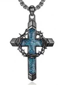 Collar con colgante de cruz de turquesa para hombre, combinado con diseño de corona de espinas y cruz, estilo punk retro, adecuado como regalo - Plata antigua - Ver 1