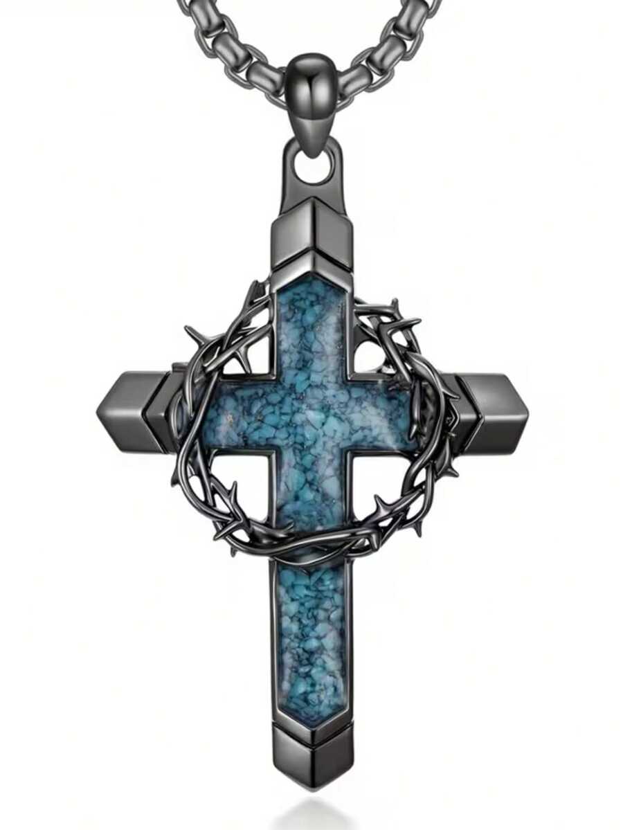 Collar con colgante de cruz de turquesa para hombre, combinado con diseño de corona de espinas y cruz, estilo punk retro, adecuado como regalo - Plata antigua - Ver 1