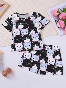 2pcs/Set Toddler Girls Pajama Set, Black Cute Kitten Print Round Neck Casual Short Sleeve Top + Elastic Loose Shorts, Summer Thin Fabric, Soft Comfortable Breathable, Suitable For Holiday Party Vacation, Soft Breathable Casual All-Season Loungewear - Black - View 8